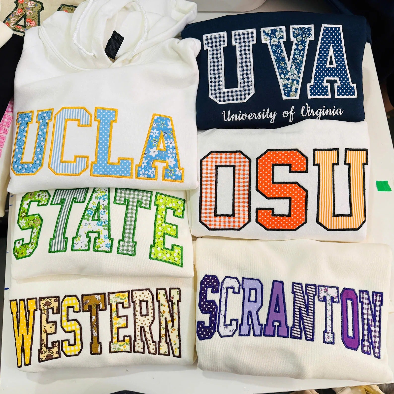 StitchDesignUs Custom College Letter Sweatshirt,Gingham Applique Embroidery Custom Patchwork Embroidered Sweatshirt
