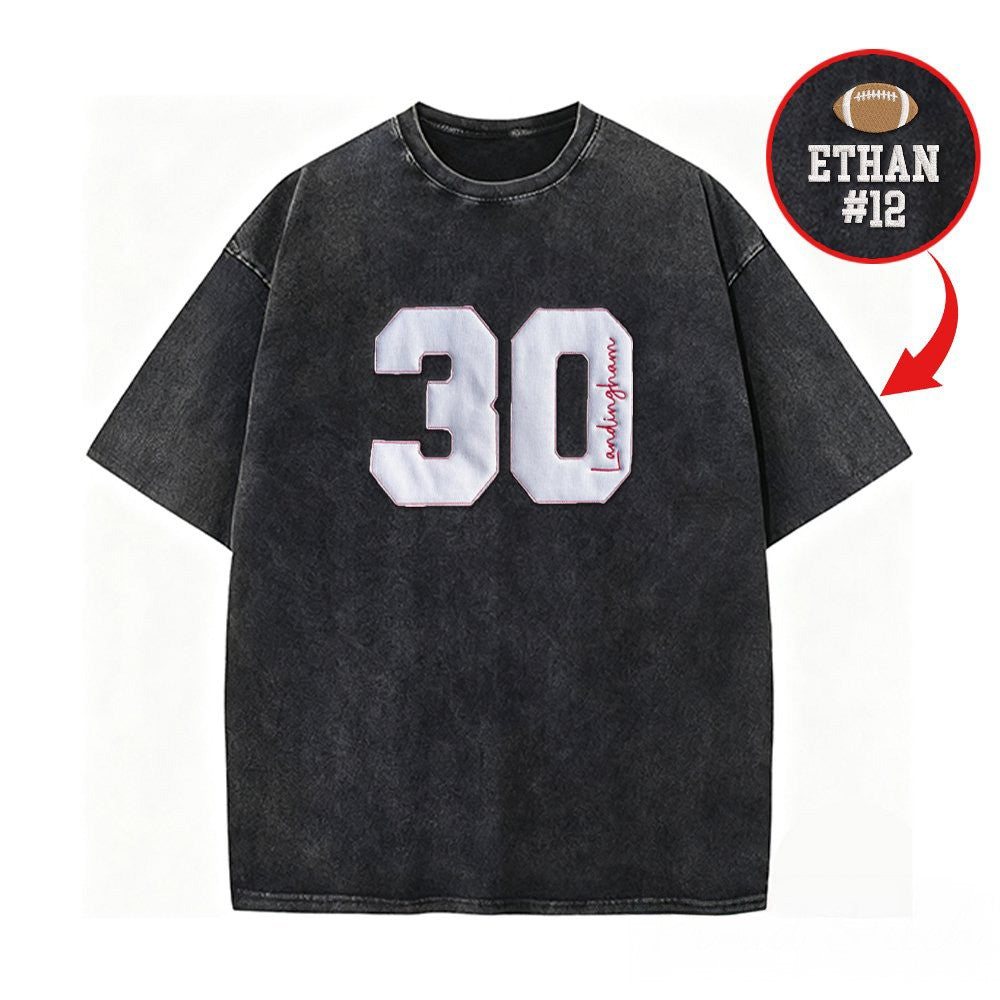 StitchDesignUS Personalized Sports Number Embroidered Washed T-Shirt for Team or Player | Gifts for Sports Mom