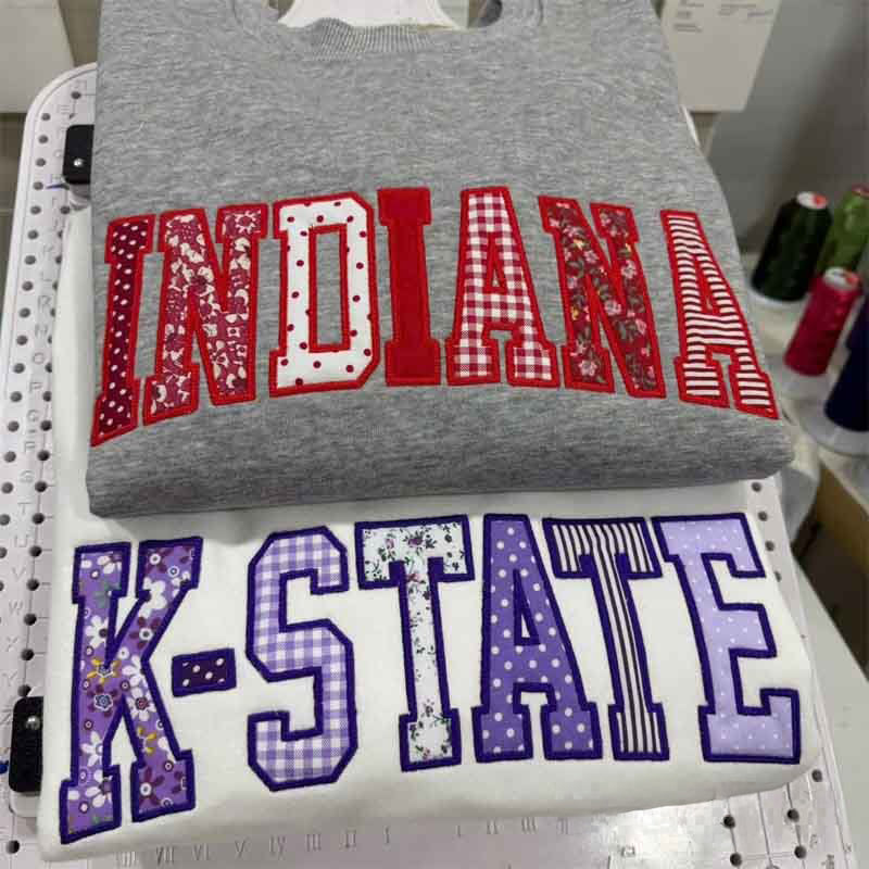 StitchDesignUs Custom Patchwork Fabric Embroidered Sweatshirt Team and School Name Applique Varsity Letters