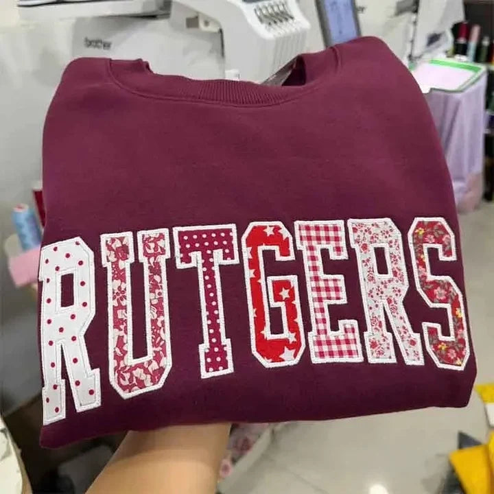 StitchDesignUs Custom Patchwork Fabric Embroidered Sweatshirt Team and School Name Applique Varsity Letters