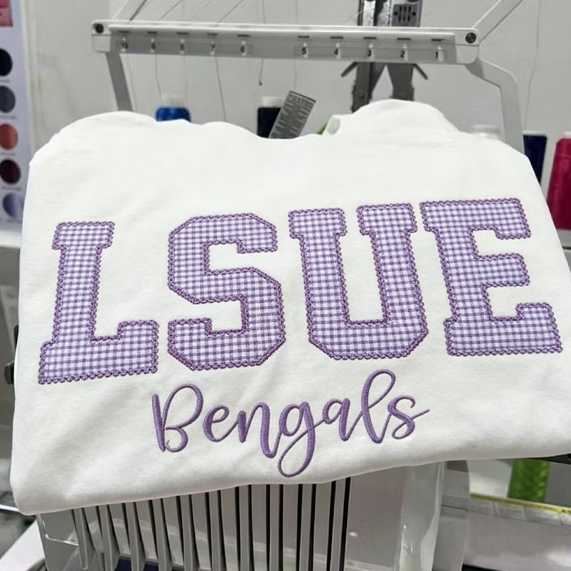 StitchDesignUs Custom Gingham Appliqué Sweatshirt Personalized Plaid Name Crewneck Cozy Embroidered Sweatshirt