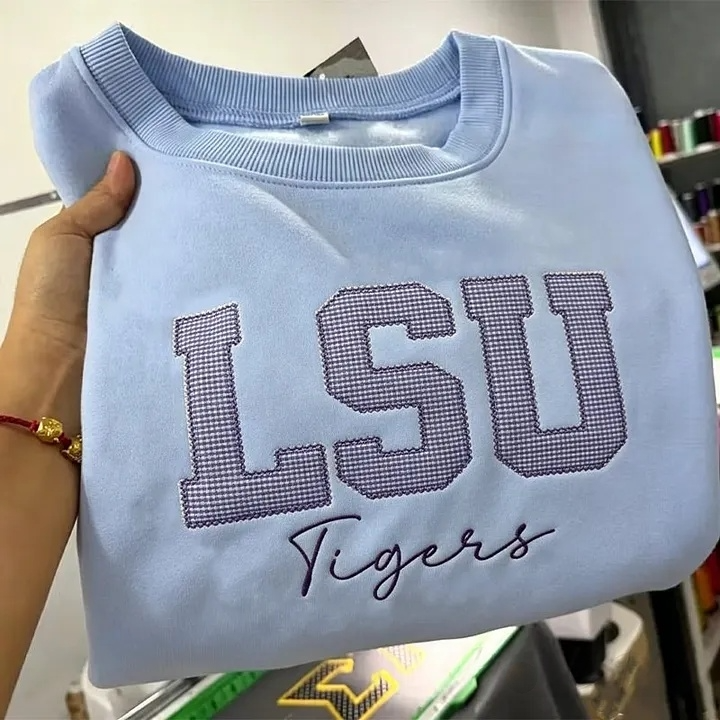 StitchDesignUs Custom Gingham Appliqué Sweatshirt Personalized Plaid Name Crewneck Cozy Embroidered Sweatshirt