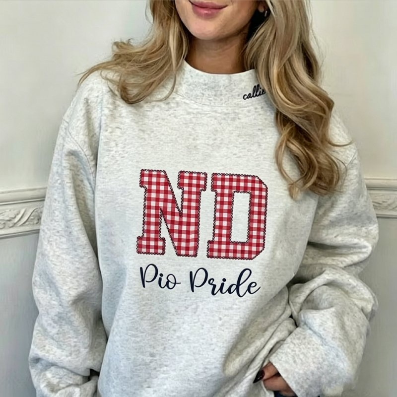 StitchDesignUs Custom Gingham Appliqué Sweatshirt Personalized Plaid Name Crewneck Cozy Embroidered Mock Neck Pullover