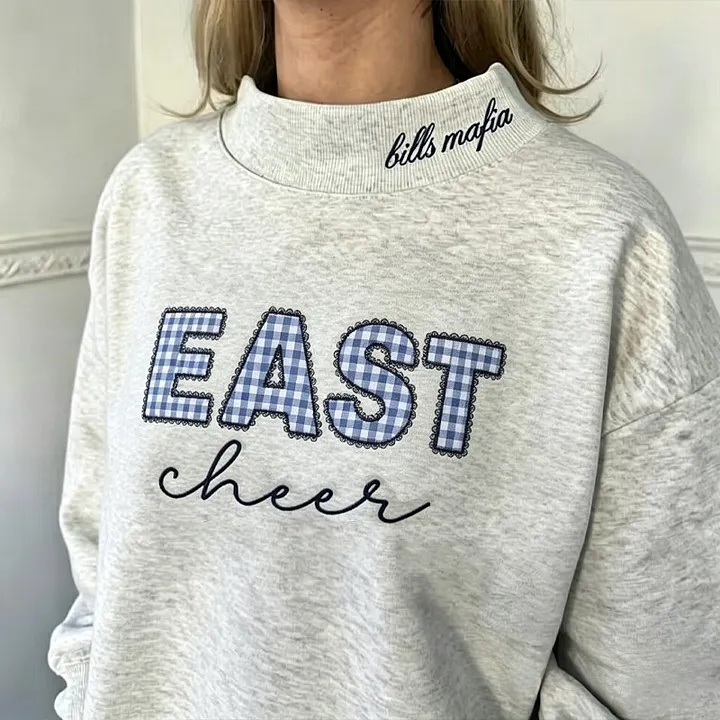 StitchDesignUs Custom Gingham Appliqué Sweatshirt Personalized Plaid Name Crewneck Cozy Embroidered Mock Neck Pullover