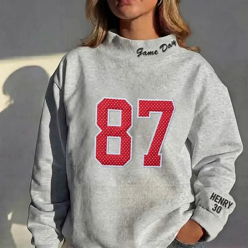 StitchDesignUs Custom Sports Number Applique Sweatshirt Gingham Patchwork Jersey– Stand-up Collar