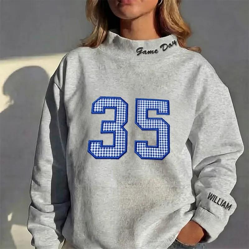 StitchDesignUs Custom Sports Number Applique Sweatshirt Gingham Patchwork Jersey– Stand-up Collar