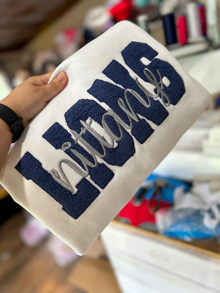 StitchDesignUS Custom Embroidered Applique patch College Sweatshirt | Gifts for Sports Mom