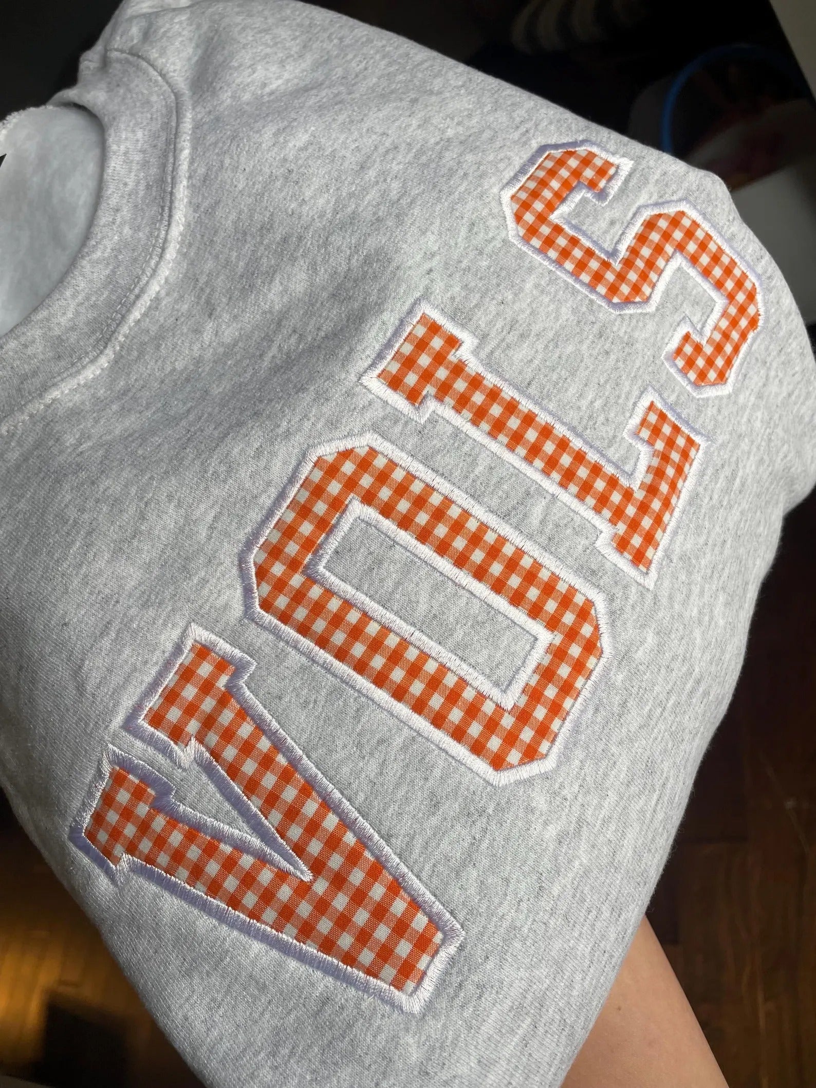 StitchDesignUs Custom Name Gingham Appliqué Embroidered Sweatshirt