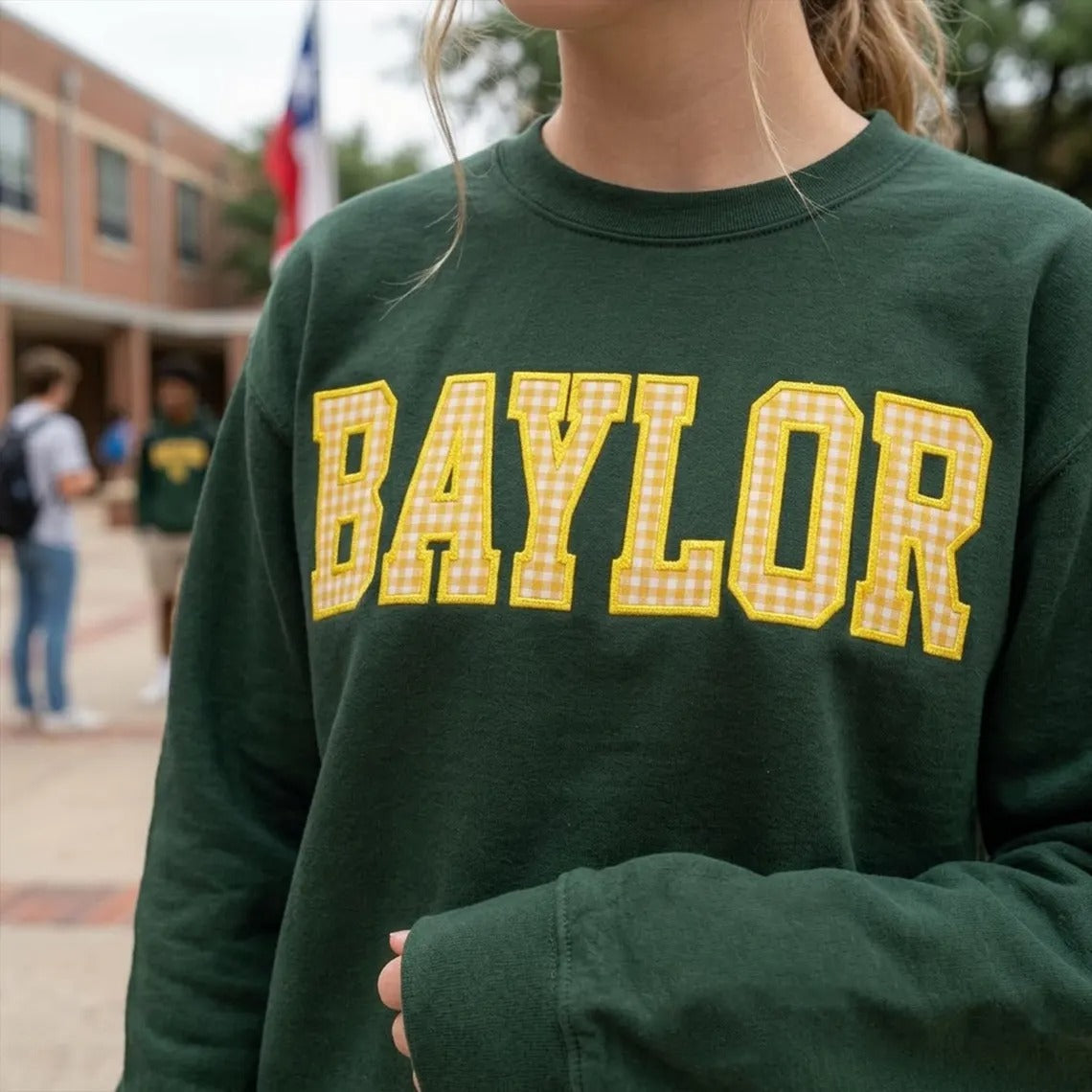 StitchDesignUs Custom College Name Applique Gingham Letter Embroidered Sweatshirt