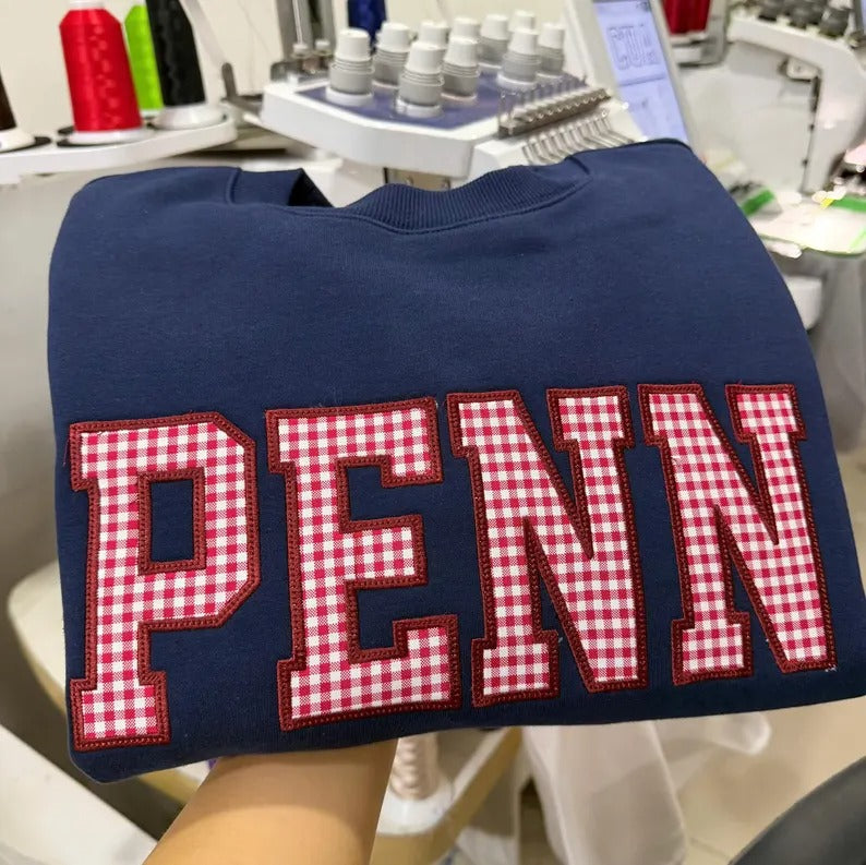 StitchDesignUs Custom College Name Applique Gingham Letter Embroidered Sweatshirt