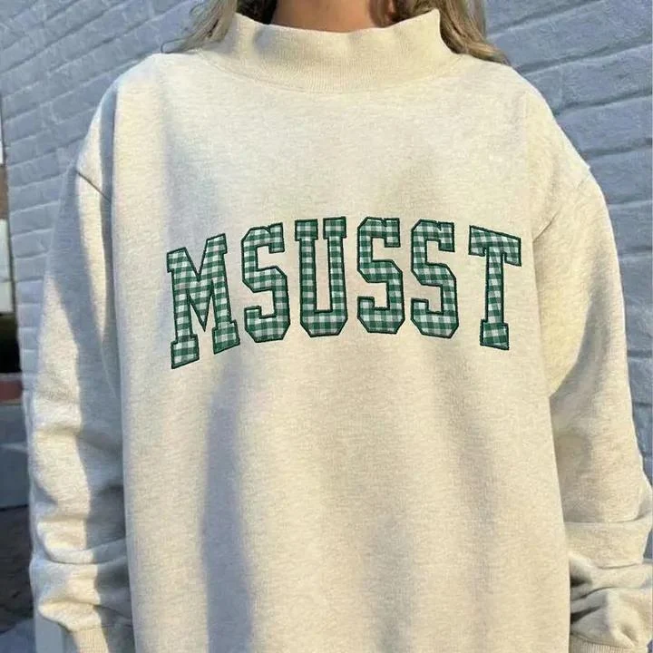 StitchDesignUs Custom Gingham Appliqué Embroidered Name Mock Neck Sweatshirt