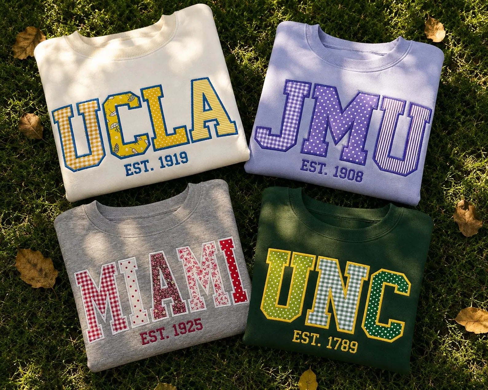 StitchDesignUs Custom Applique Patchwork Letters with EST Year Personalized College Name Custom Varsity Applique Sweatshirt